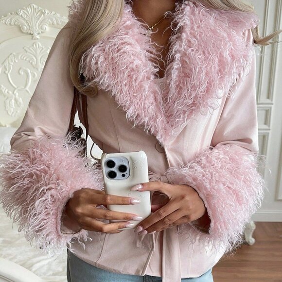 Jackets & Blazers - Pink Plush Women's Long Sleeve Single-Breasted Suede Jacket with Fur Collar